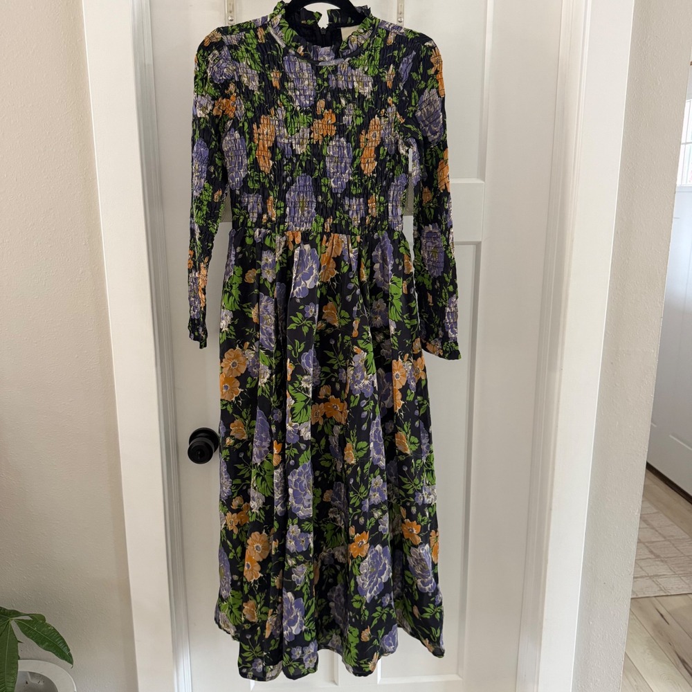 New Farm Rio Capri Black Floral Smocked Midi Dress Long‎ Sleeve XS Boho
